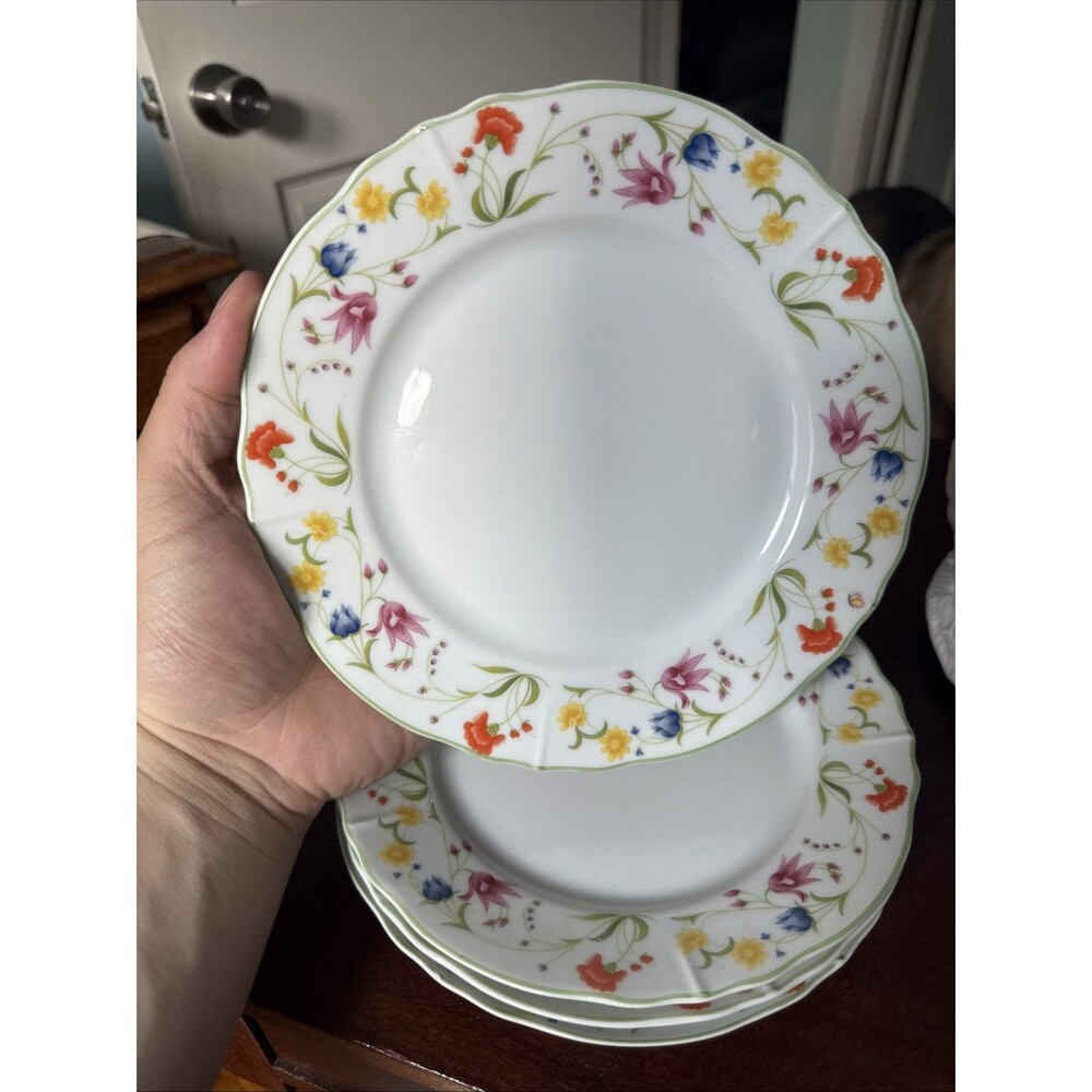 NEW Set of 4 - Denby Langley Tea Party 10.5" Dinner Plates White Floral Flower